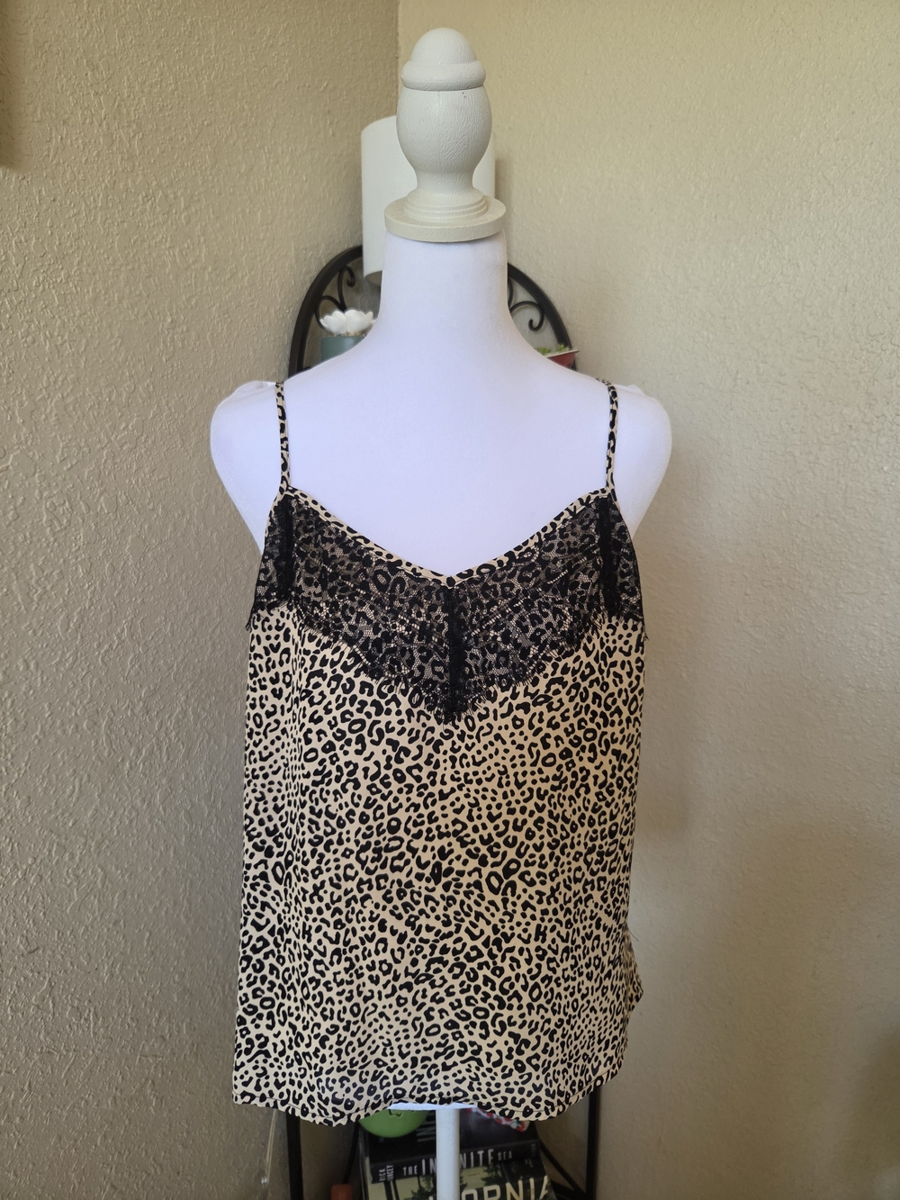 Candie's Leopard Lace-Trim Satin Cami - Beige & Black